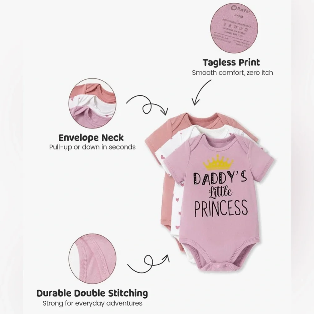 🛼PatPat Pink and White Princess Bodysuit 3 pack  NWT size 0-3 months